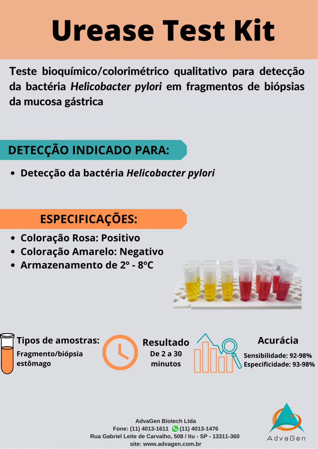 UREASE TESTE KIT Detecção de Helicobacter pylori Advagen Biotech